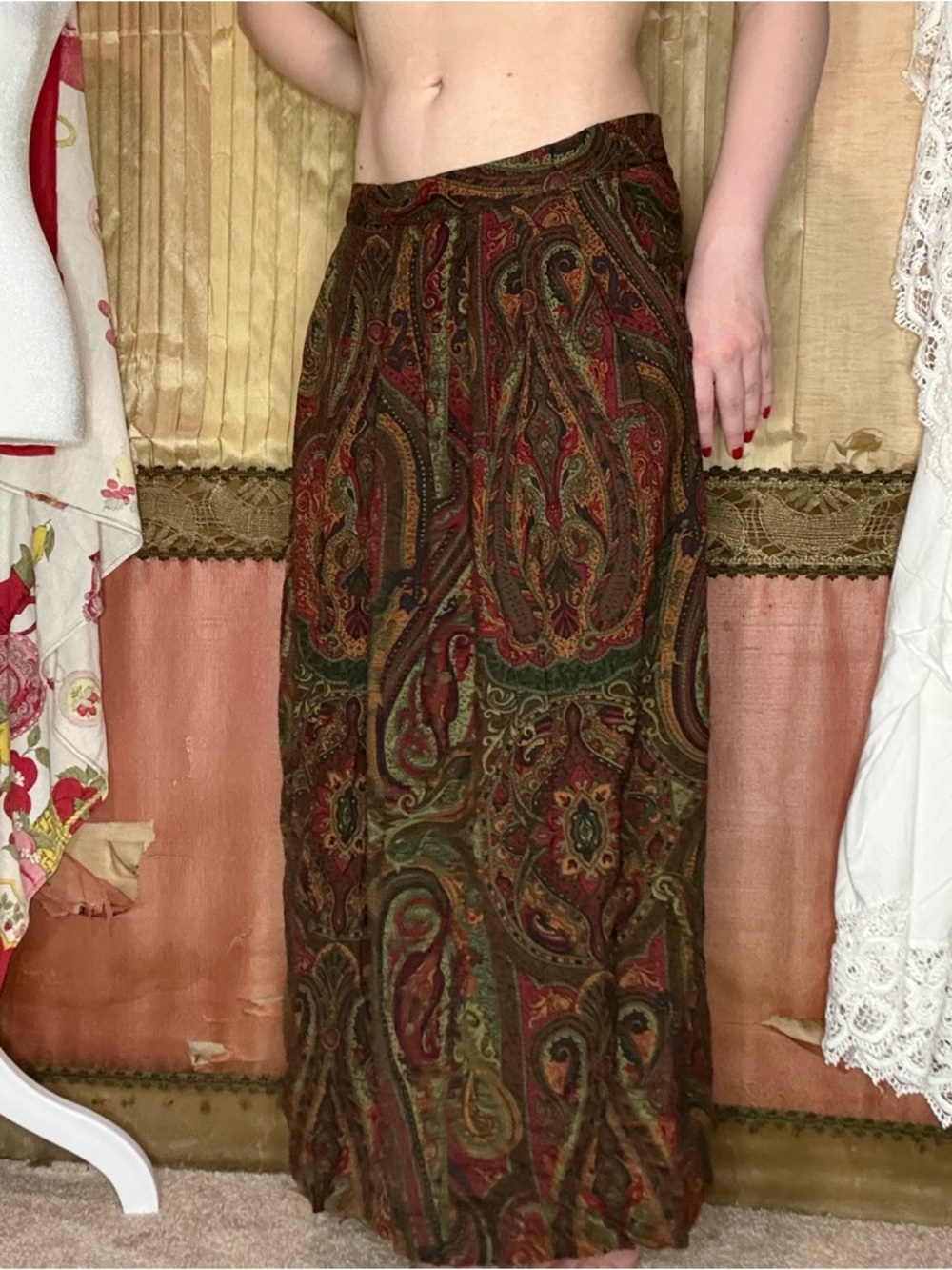 Vintage 80’s Leslie Fay Paisley Maxi Skirt in Green, Brown, Red